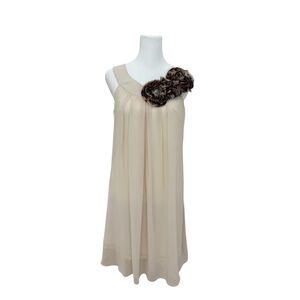 Cream Sheer Overlay shift Dress Floral Rosette Detail Boutique Mini Dress